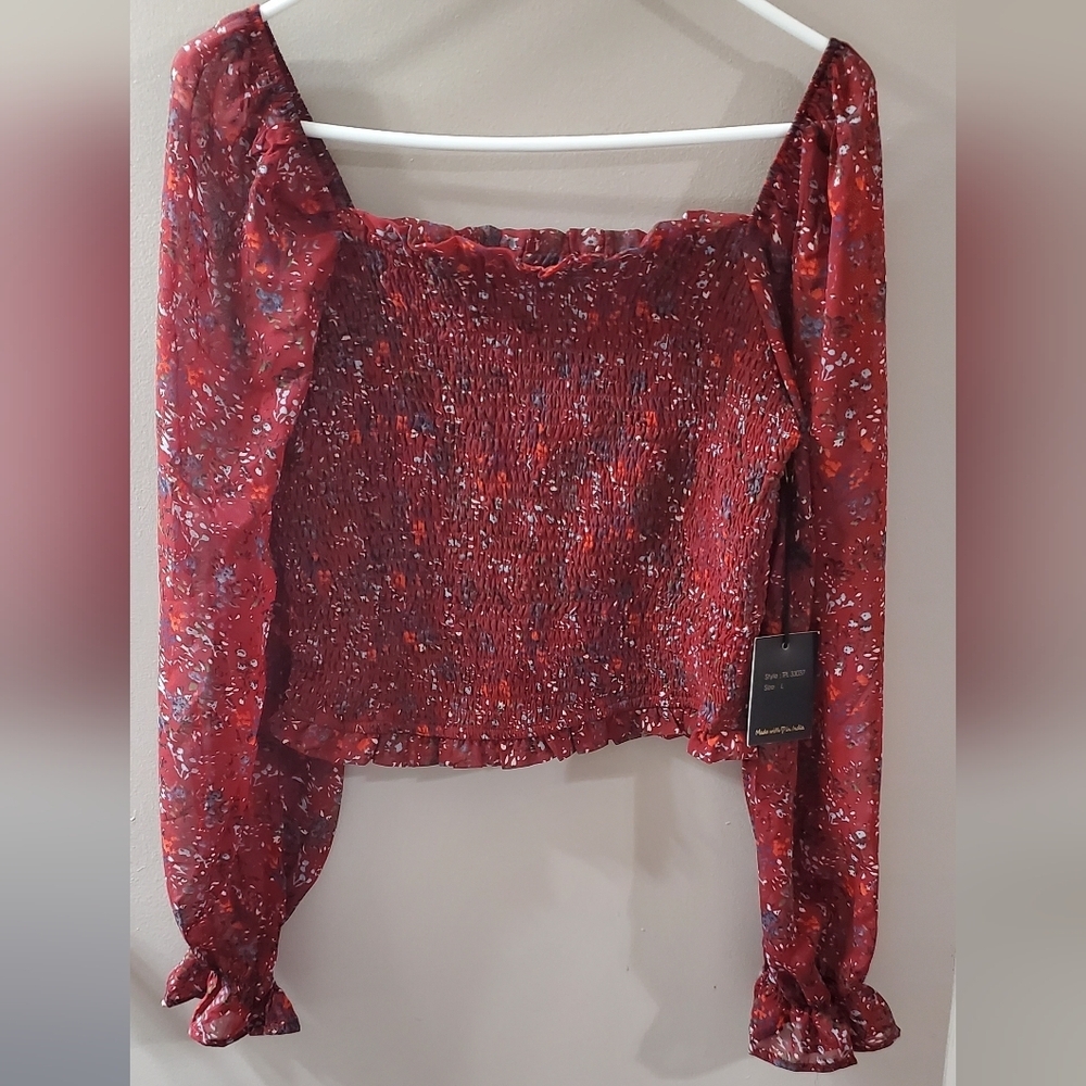 Jopna Elegant Burgundy Floral Smocked Blouse. Sz L NWT